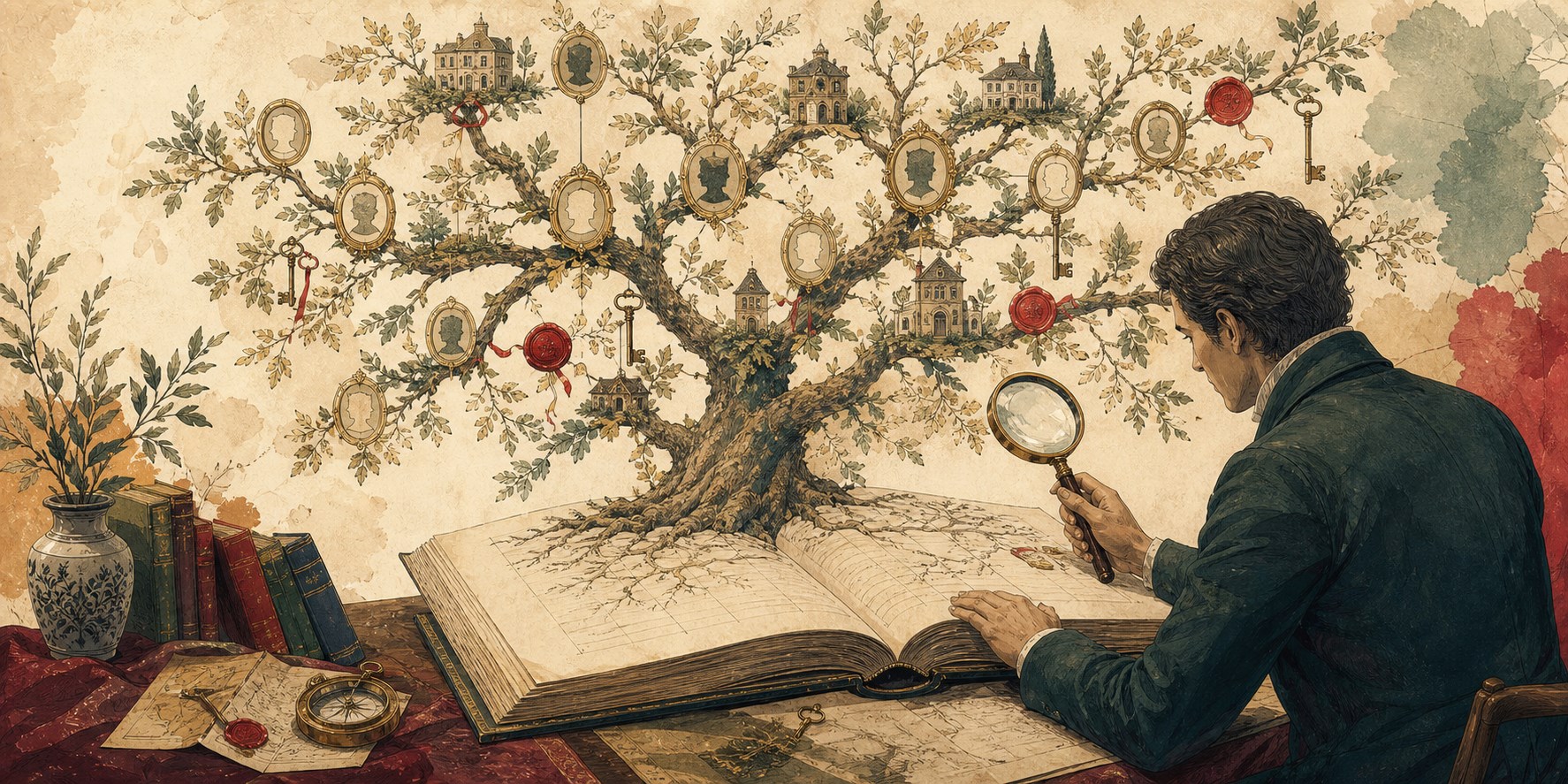 Родословное дерево над архивной книгой